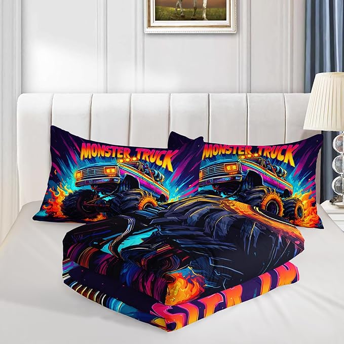 Cool Monster Truck Comforter Set Twin Size,Colorful Racing with Flame Bedding for Kids Boys Teens Room Decor,Cartoon Cars Sport Themed Bedding Sets with 2 Pillowcases.
