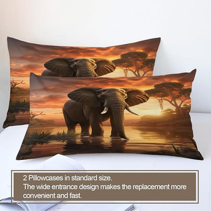 Elephant Duvet Cover Queen Size, African Wildlife Bedding Set 3 Piece Bedroom Decor Sunset Lake Elephant Comforter Cover with Zipper Ties & 2 Pillowcases