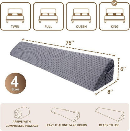 King Size (76"x6"x8") Bed Wedge Pillow for Headboard Mattress Gap Filler (0-6") for College Dorm Sleeping, Dark Gray