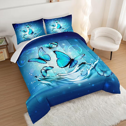 Fantasy Blue Butterfly Comforter Set Twin Size,Butterflies on Water Flash Bedding Sets 3 Pieces,Blue Series Aesthetic Bedding for Kids Girls Boys Room Decor with 2 Pillowcases.