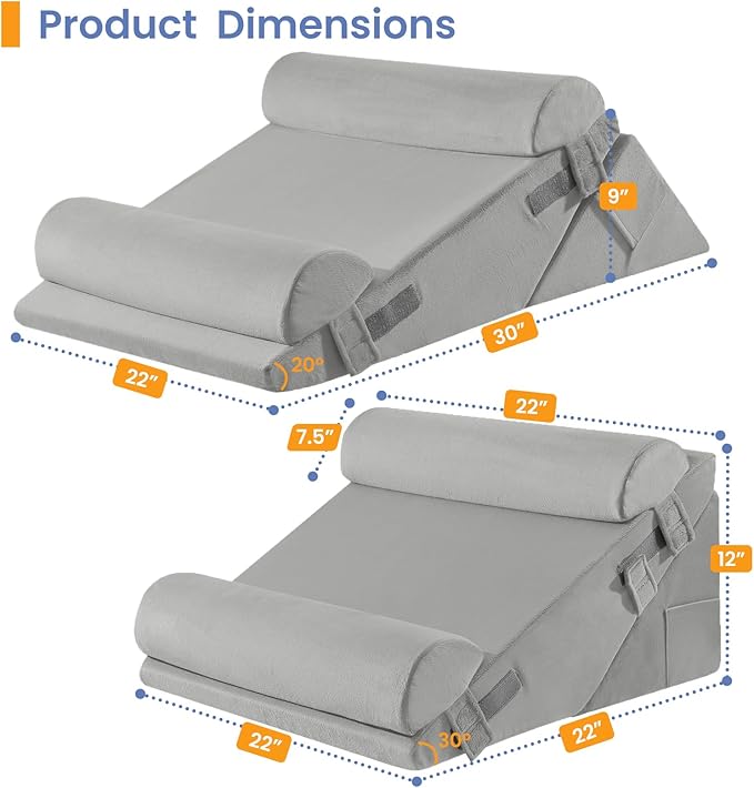 Sasttie Wedge Pillow Set for After Surgery, 3PCS Adjustable Bed Wedge Pillow Headboard with Memory Foam Neck Cushion – for Acid Reflux, Sleeping, Neck & Back Support, Velvet & Light Grey