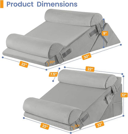 Sasttie Wedge Pillow Set for After Surgery, 3PCS Adjustable Bed Wedge Pillow Headboard with Memory Foam Neck Cushion – for Acid Reflux, Sleeping, Neck & Back Support, Velvet & Light Grey