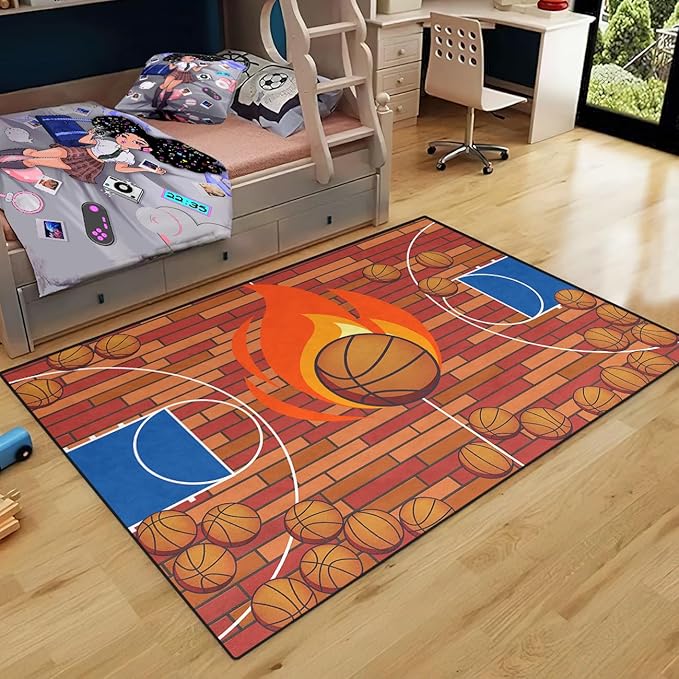 Basketball Court Rug - Basketball Rug for Boys Bedroom, Sports Decor for Boys Bedroom Kids Carpet, Sports Themed Carpets for Playroom Living Room Floor Mat or Door mat, 3x4 Feet