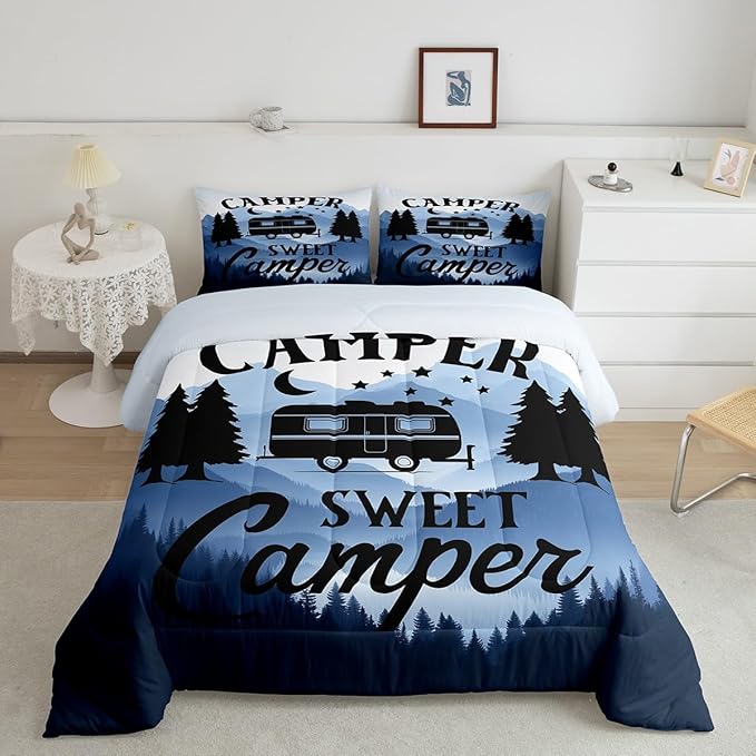 Feelyou Camper Comforter Set Kids Farmhouse Happy Camping Bedding Set Queen Women Men Nature Travel Decor Comforter Ultra Soft Microfiber Rustic Camper Van Quilted Set Bedroom Comforter Inner Fill