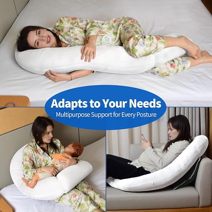 Pozico U-Shaped Full Body Pillow for Side Sleepers – 51-Inch Body Pillow with Ear Piercing Design – Cooling Pregnancy Pillow Orthopedic Support for Back, Neck & Hip – Soft Washable Velvet Cover