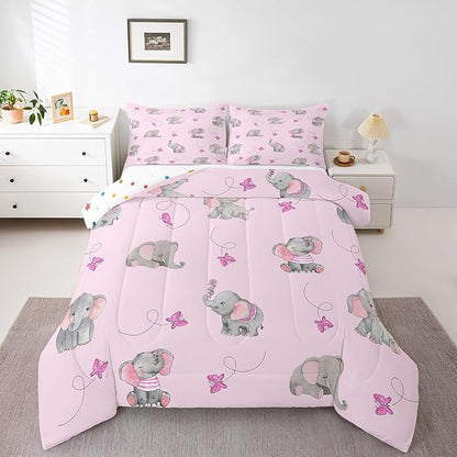 Lovely Elephant Full Size Comforter Set,Purple Butterfly Cartoon Wildlife Reversible Bedding Set Bedroom Collection,Watercolor Grey Pink Animal Soft Quilted Duvet for Girls Teens
