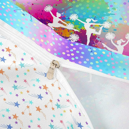 Castle Fairy Cheer Team Bedding Set Queen Size,Gymnastics Dancing Lovers Duvet Cover Girls Kids Teens Woman Room Decor,Rainbow Watercolor Dots Comforter Cover Modern Fashion Girly Quilt Cover 3pcs