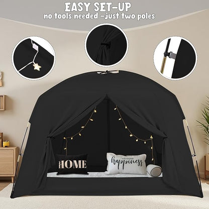 Bed Tents for Kids and Adult, Portable 100% Breathable and 93% Blackout Toddler Toddler Dream Paly Tent, 3 Doors Privacy Space Sleeping Canopy for Floor or Twin Full Queen Sizes Bed (Black, Full-Size)