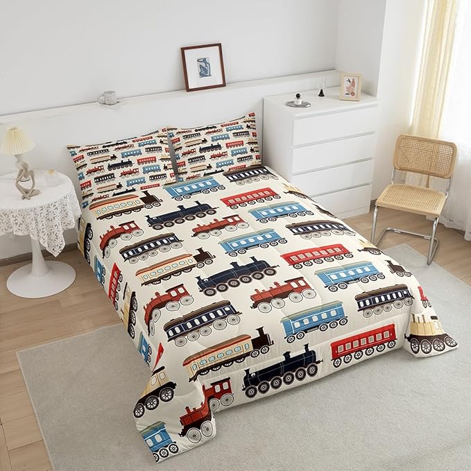 Erosebridal Cute Train Bedding Gifts for Kids Boys Funny Trains Car King Comforter Set Vintage Smoking Steam Engine Bed Set for Toddler Nursery Birthday Decor Down Comforter for All Seasons