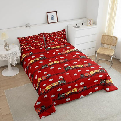 Erosebridal Kids Cartoon Train Bedding Sets Twin for Boys Cute Truck Car Themed Comforter Set Kawaii Steam Engine Comforter White Clouds Watercolor Red Vehicles Duvet Insert for Kids Bedroom