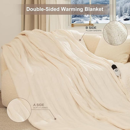 Electric Blanket Full Size 72" X 84" - Flannel Sherpa Heated Blanket with Fast Heating, 6 Heat Settings, 1-10 Hrs Timer Settings, ETL Certified Heating Blanket, Washable, White