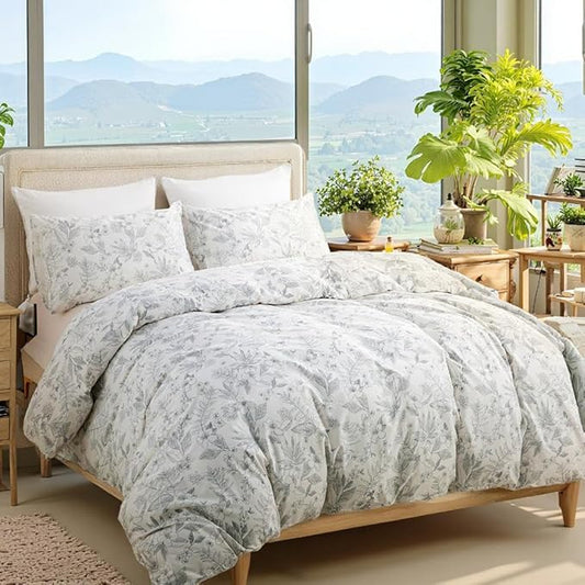 100% Cotton Floral Duvet Cover Set Queen Size Ultra Soft Breathable Grey Floral and Leaf Comforter Cover Set 3 Pcs All Season Cozy Floral Bed Cover with Zipper Closure