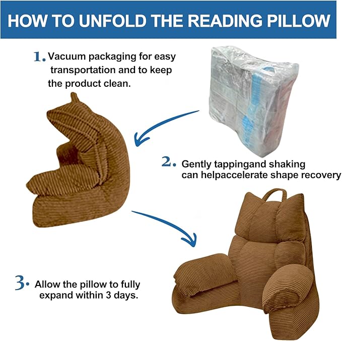 RRPAHWTV Reading Pillow for Bed with High Arm Rests,Back Support Pillow for Sitting Up in Bed with Shredded Memory Foam for Reading, TV, Gaming or Relaxing on Floor（Brown，Large）