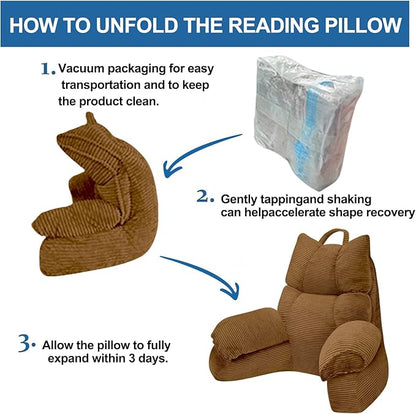 RRPAHWTV Reading Pillow for Bed with High Arm Rests,Back Support Pillow for Sitting Up in Bed with Shredded Memory Foam for Reading, TV, Gaming or Relaxing on Floor（Brown，Large）