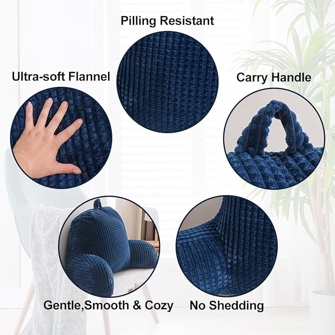Holawakaka Reading Pillow for Bed and Sofa Couch Sitting Up, Backrest Pillows with Arms for Kids Teens Adults, Back Support Cushion for Lounging, Watching TV, Working on Laptop, Navy Blue