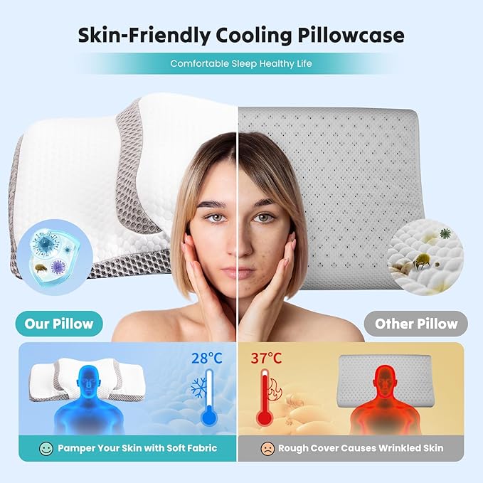 Smug Cervical Neck Pillow for Sleeping, Cooling Ergonomic Memory Foam Pillow with Arm Rest Slot and Ice Silk Pillowcase, Dual Height Orthopedic Support Contour for Side, Back, Stomach Sleepers