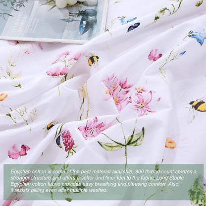 URBONUR Pink Floral Duvet Cover Set Full Size 3 Piece Romantic Garden Flowers Cute Bees Print Bedding Set for Girls Women, Full Comforter Cover with Button Closure