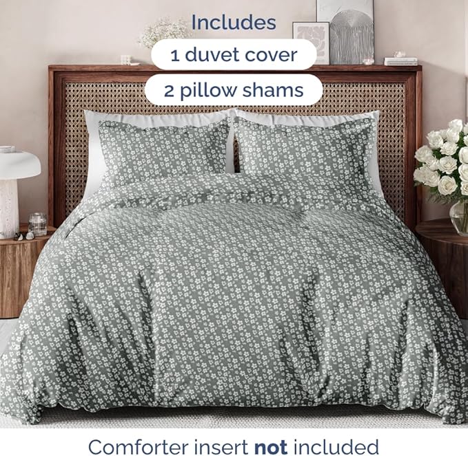 Duvet Cover King Size Set - Extra Soft Floral Duvet Cover 104 x 90 with 2 Pillow Shams - Comfy, Cozy, Breathable Floral Bedding Set - Hotel Luxury & Fade Free w/ Zipper Closures & Ties - Green Meadow