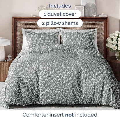 Duvet Cover King Size Set - Extra Soft Floral Duvet Cover 104 x 90 with 2 Pillow Shams - Comfy, Cozy, Breathable Floral Bedding Set - Hotel Luxury & Fade Free w/ Zipper Closures & Ties - Green Meadow