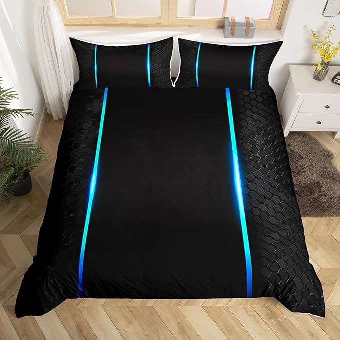Castle Fairy Honeycomb Bedding Set Queen Size,Neon Hexagon Blue Lines Geometric Duvet Cover Set for Children Adult,Modern Abstract Art Black Soft Comforter Cover for Dorm Room, Zipper, Ties