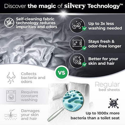 Silvery Silver Infused Bed Sheets Set - Ultra-Soft Temperature-Regulating Fabric with Self-Cleaning Technology™ That Stays Fresh 3X Longer for Hygienic Sleep (Gray, Queen (U.S. Standard))