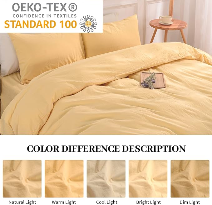 NEXHOME PRO Duvet Cover Set 100% Washed Cotton California Kingn 104"x98", Organic Natural Linen Look Textured 3 Pieces Bedding Set Apricot Yellow with Zipper Closure, Breathable Soft(No Comforter)