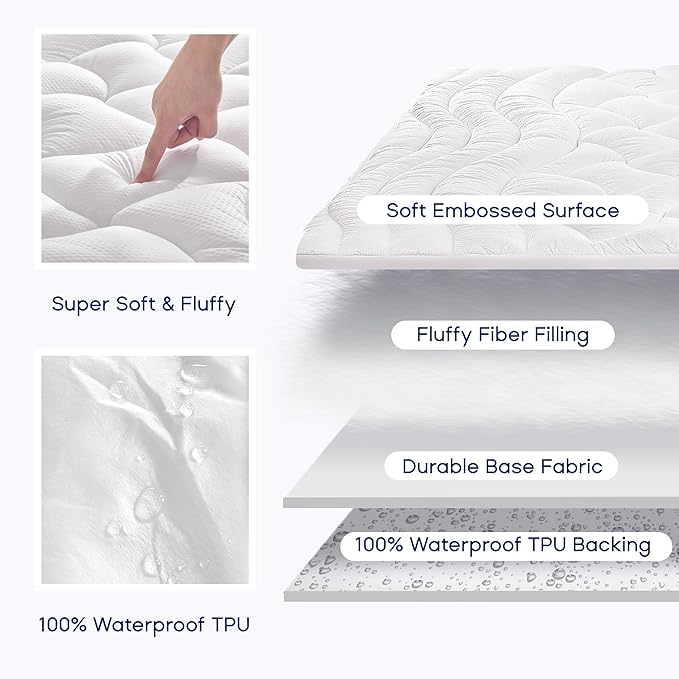 Sleep Zone Waterproof Pillow Top Mattress Topper King Size, Extra Firm and Fluffy for Hip Pain,Deep Pocket and Washable (White, King)
