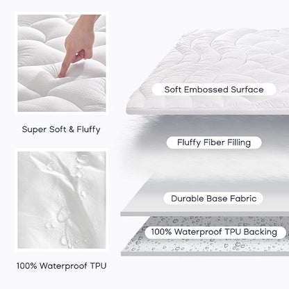 Sleep Zone Waterproof Pillow Top Mattress Topper King Size, Extra Firm and Fluffy for Hip Pain,Deep Pocket and Washable (White, King)