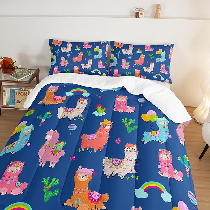 HOSIMA Kids Cute Llama Comforter Full Size Bed in a Bag,Cartoon Rainbow Alpaca Comforter with 2 Pillowcases,Animal Bedding Sets for Children Room Decor,Blue Toddler Bedding Set for Boys Girls.