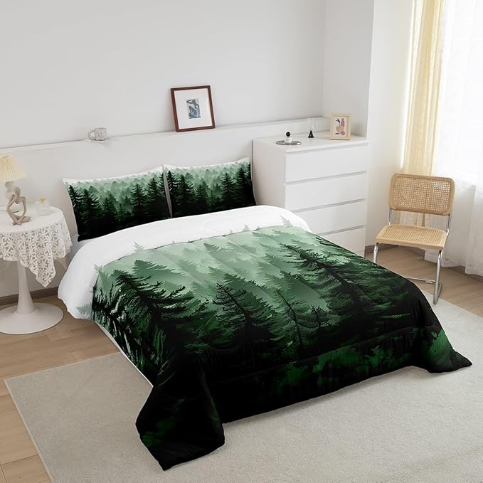 Feelyou Fog Forest Comforter Botanical Pine Trees Comforter Set for Boys Girls Children Watercolor Style Green Comforter Set Room Decor Twin Size Duvet Set 2Pcs