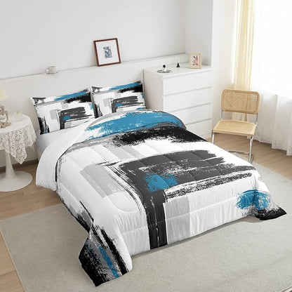Feelyou Abstract Comforter Modern Abstract Art Comforter Set for Boys Girls Children White Grey Blue Pattern Bedding Set Room Decor Toddler Size Duvet Set 2Pcs