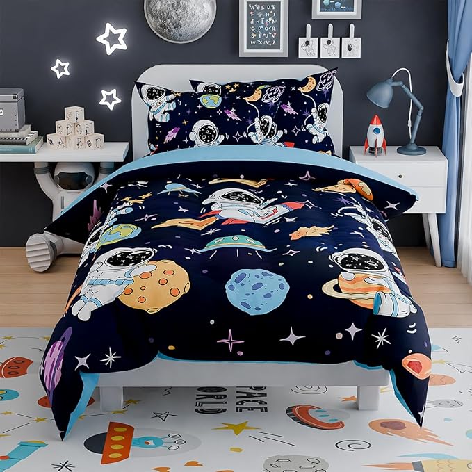 SANDJEST Astronaut Bedding Sets for Boys, Ultra Soft Microfiber Comforter Full Size Set with 4-Pieces, Comforters for Kids Children Boy Bedroom Decor