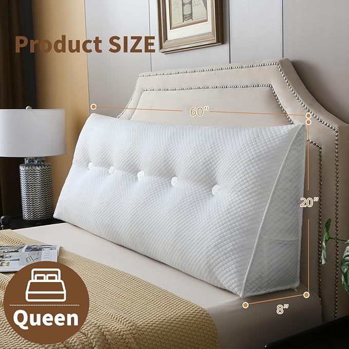 Wedge Headboard Pillow for Bed, Queen Dorm Headboard Pillow Support for Sitting Up, Reading, Relaxing, Bolster Pillow with Removable Washable Cover, White