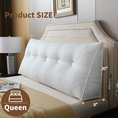 Wedge Headboard Pillow for Bed, Queen Dorm Headboard Pillow Support for Sitting Up, Reading, Relaxing, Bolster Pillow with Removable Washable Cover, White