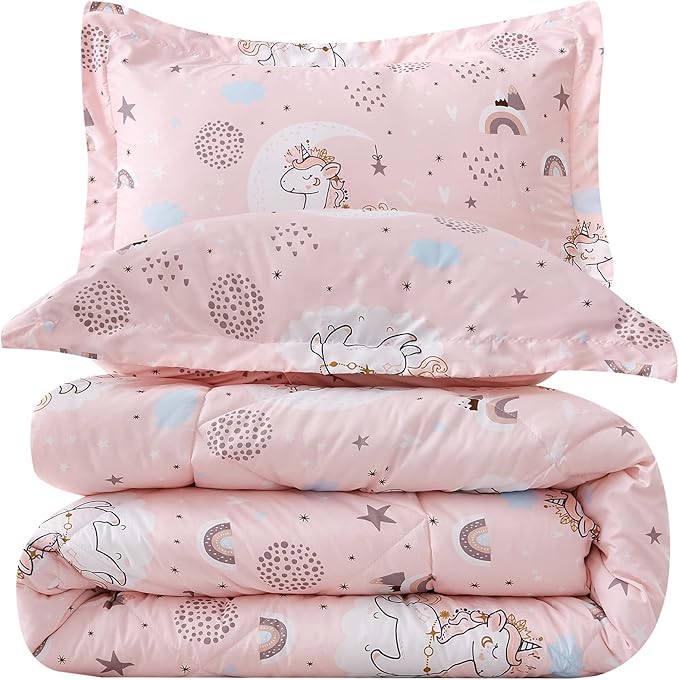 JSD Pink Unicorn Kids Comforter Set Twin Size, 2 Piece Girls Rainbow Microfiber Comforter with Pillow Sham, Lightweight All Season Washable