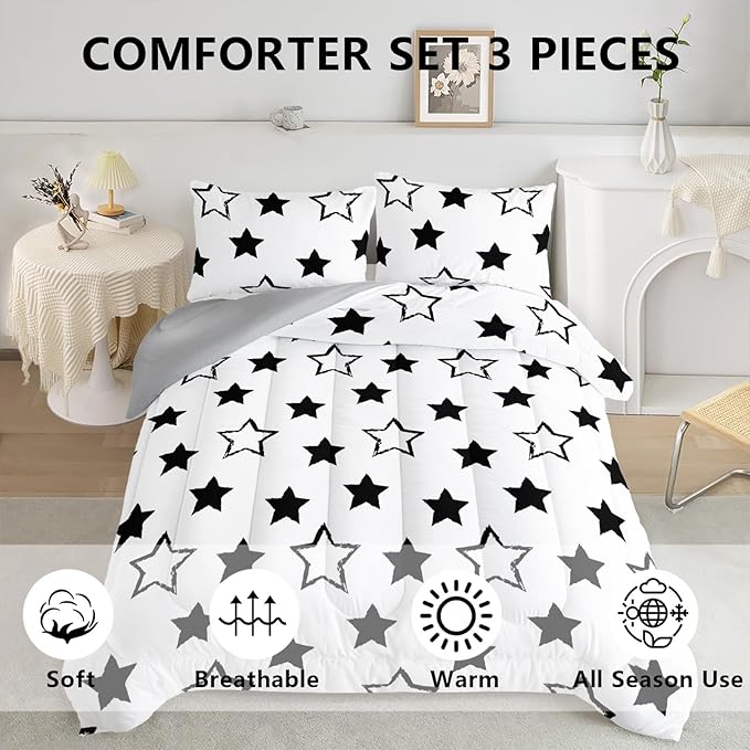 Axolotl Kids King Bedding Comforter Set,3Pcs Cute Black and White Stars Quilt Set for Kids,Geometric Stars Bedding with 1 Comforter 2 Pillowcases for Boys Girls Teens Adults Room Decor All Season