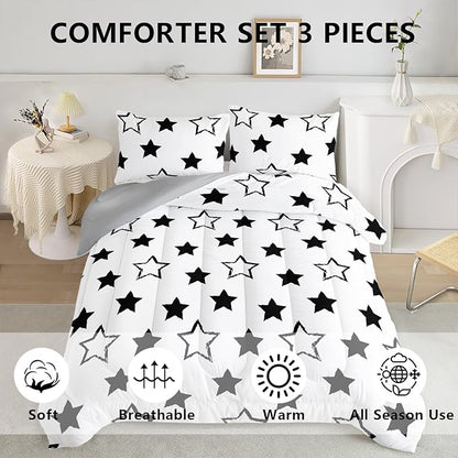 Axolotl Kids King Bedding Comforter Set,3Pcs Cute Black and White Stars Quilt Set for Kids,Geometric Stars Bedding with 1 Comforter 2 Pillowcases for Boys Girls Teens Adults Room Decor All Season