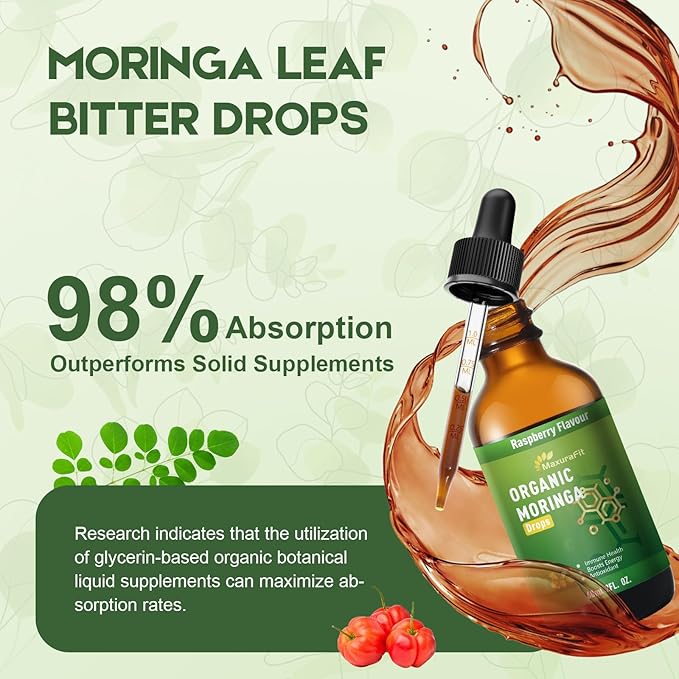 Moringa Leaf Drops with Vitamin C, Moringa Oleifera Extract Liquid Drops for Immunity Support,Antioxidant,Overall Health & Energy,Vegan Herbal Supplement 2 fl oz