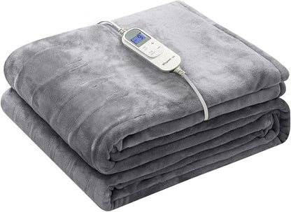 Wapaneus Heated Blanket Electric Throw 62" x 84" Twin Size with 10 Heat Levels and 12 Hours time Settings, Flannel Fast-Heating, ETL Listed, Machine Washable,Light Grey