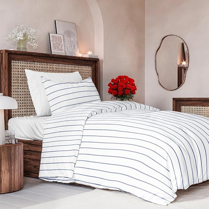 Duvet Cover Twin/Twin XL Size Set - Extra Soft Floral Duvet Cover 68 x 90 with 1 Pillow Sham - Comfy, Breathable Floral Bedding Set - Hotel Luxury & Fade Free with Zipper Closures & Ties - Navy Stripe