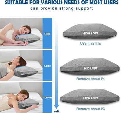 Pillows King Size Set of 2 - Shredded Memory Foam Cold Pillow That Stay Cold Adjustable Pillows for Sleeping Double-Sided Pillowcase
