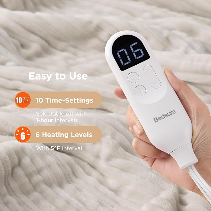 Bedsure GentleSoft Electric Blanket Twin - Soft Ribbed Flannel Heated Blanket, Heating with 10 Time Settings, 6 Heat Settings, and 8 hrs Timer Auto Shut Off, Gifts for Grandma (62x84 inches, Cream)