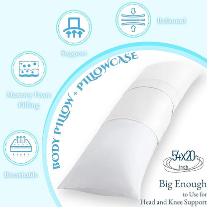 Ubauba Memory Foam Body Pillow with Cover, Full Large Body Pillows Insert for Adults with Envelope Closure Pillowcase, Firm & Fluffy Long Bed Pillows for Sleeping (20x54 inch, Pure White)