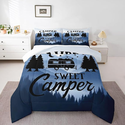 Feelyou Camper Comforter Set Kids Farmhouse Happy Camping Bedding Set Queen Women Men Nature Travel Decor Comforter Ultra Soft Microfiber Rustic Camper Van Quilted Set Bedroom Comforter Inner Fill