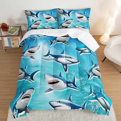 HOSIMA Teens Shark Print Bedding Sets Queen Size,Shark Swimming in The Underwater World Pattern Comforter Sets for Kids Boys Girls,Ocean Animal Theme Comforter Sets with Two Pillowcases.