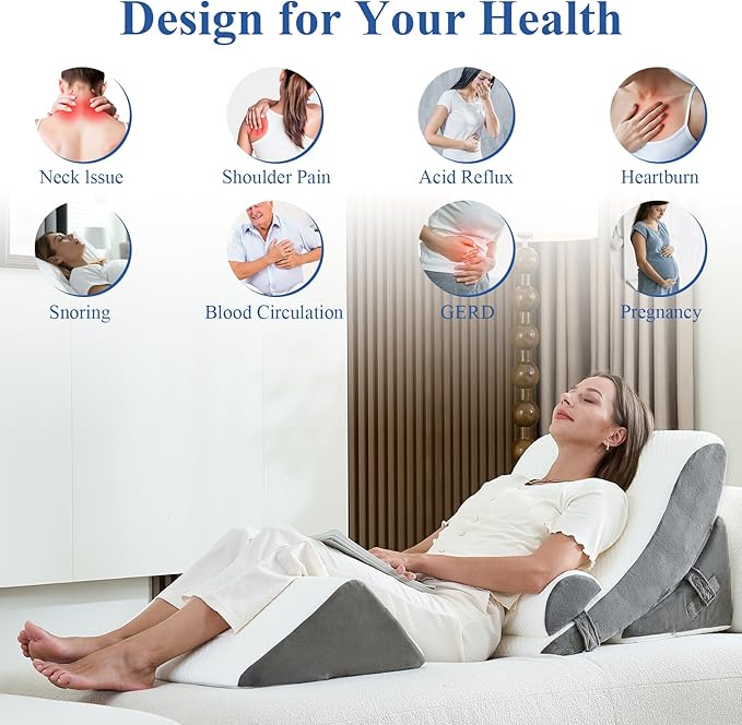 4PCS Orthopedic Bed Wedge Pillow Set, Post Surgery 45D Memory Foam for Back, Neck, and Leg Pain Relief Pleasing & Adjustable Support Pillows-Ease Acid Reflux & GRED with Better Sleep, White Dark Grey