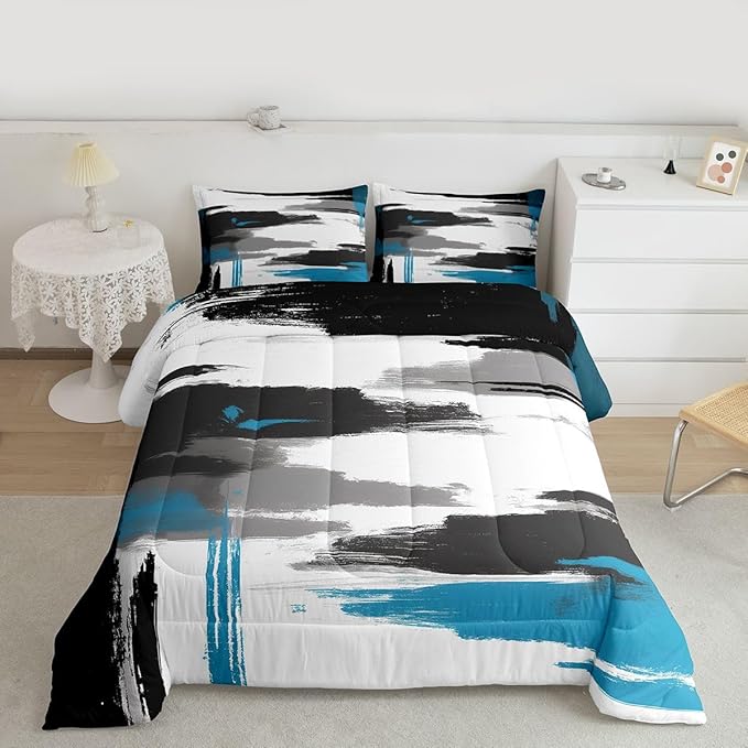 Feelyou Abstract Comforter Modern Abstract Art Comforter Set for Boys Girls Children White Grey Blue Pattern Bedding Set Room Decor Queen Size Duvet Set 3Pcs
