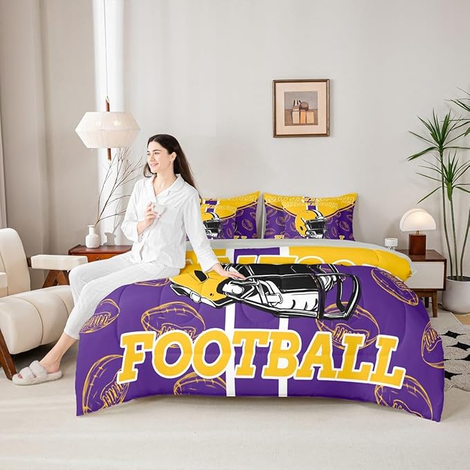 Feelyou Football Comforter Set with Sheets 7 Piece Twin Size Ball Games Bedding Set for Kids Boys Girls Rugby Bed in a Bag City of Footballs Room Decor Rugby Sports Soft Lightweight