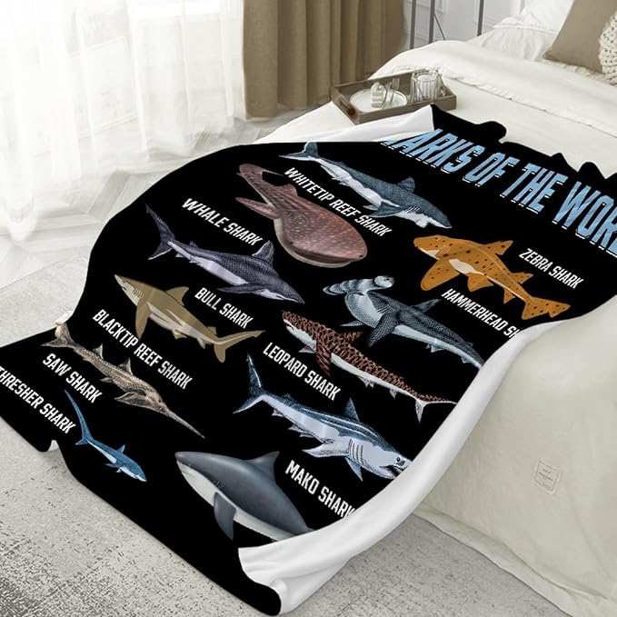 Shark Blanket for Adult Kids Shark Gifts for Shark Lovers Warm Plush Sharks of The World Throw Blanket for Couch Bedding Room Decor Shark Plush Gifts for Boys Birthday Decor 90"x120"-XL