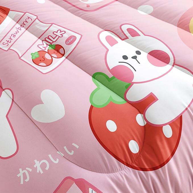 QOOMO Strawberry Rabbit Comforter Set for Kids Teens Girls Women,Pink Bunny Kids Comforter,1 Comforter with 2 Pillowcase, Microfiber 3 Piece Bedding Set,for All Seasons(Pink，Queen Size)